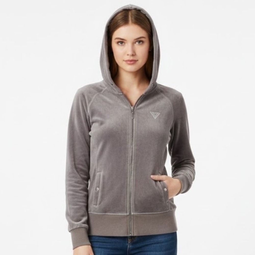Guess Velour Zip Up Hoodie Rhinestone Logo Grey Size M Y2K‎